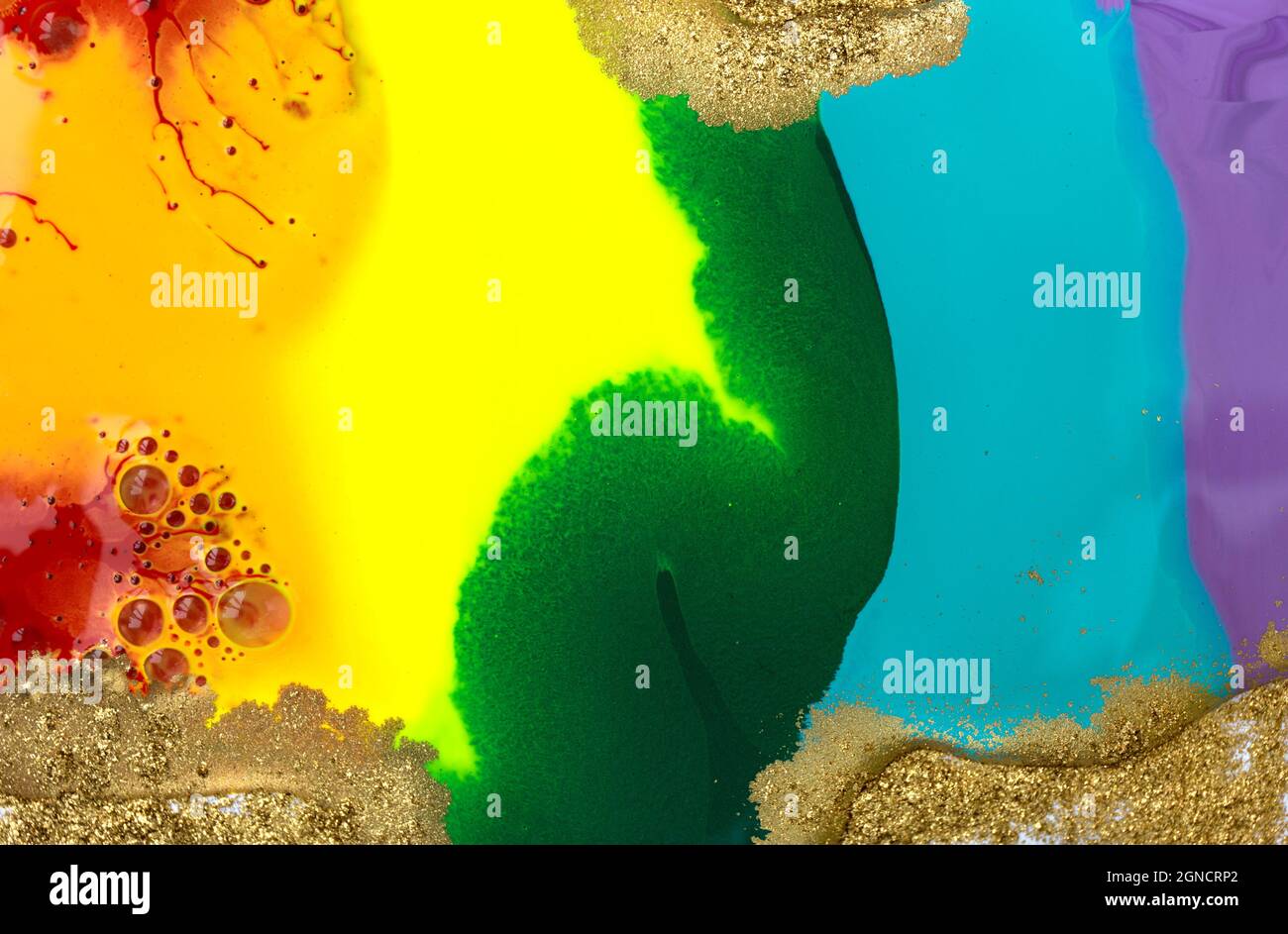 Rainbow liquid acrylic mixed ink texture with gold dust Stock Photo - Alamy