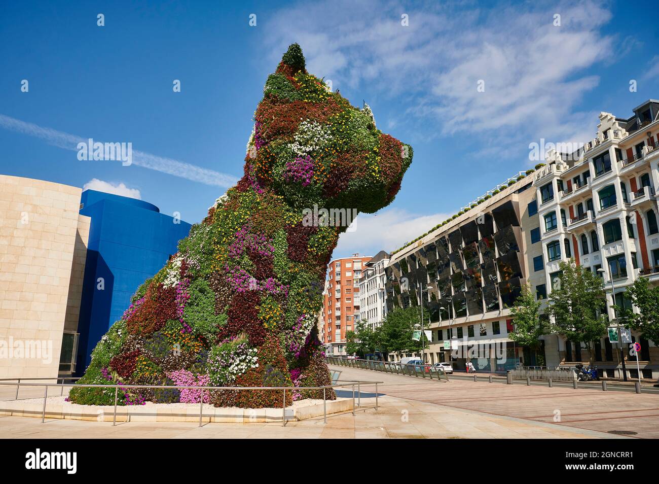 View of the 'Puppy' the famous sculpture by Jeff Koons in the outdoors of the Guggenheim museum, Bilbao, Biscay, Basque Country Stock Photo