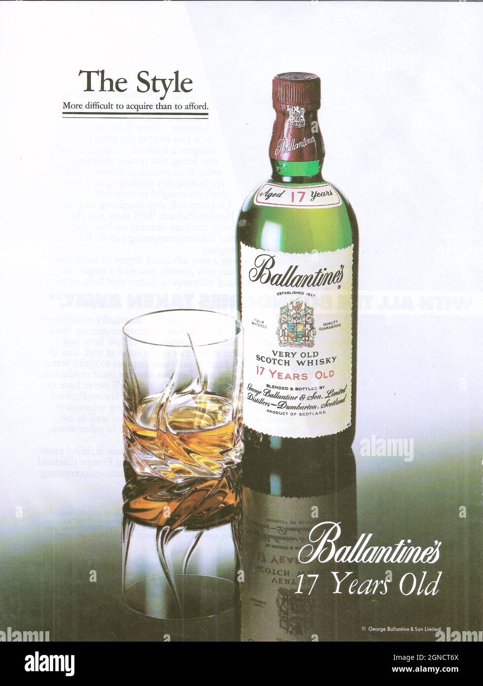 Vintage advertisement of Ballantines whiskey whisky scotch ballantines bottle and glass paper advert magazine adver 1980s 1970s Stock Photo