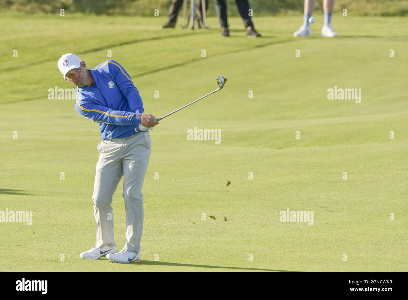 Kohler, USA. 24th Sep, 2021. Team Europe's Paul Casey hits the ball onto the 5th green in the 43rd Ryder Cup at Whistling Straits on Friday, September 24, 2021 in Kohler, Wisconsin. Photo by Mark Black/UPI Credit: UPI/Alamy Live News Stock Photo