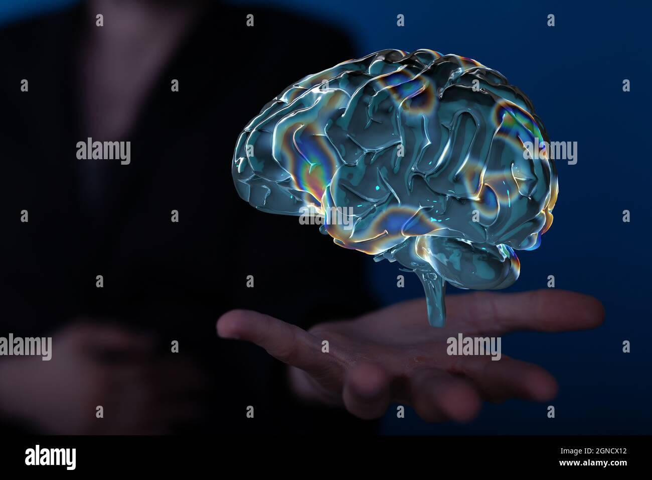 3d illustration of active human brain hovering over a man's palm Stock ...