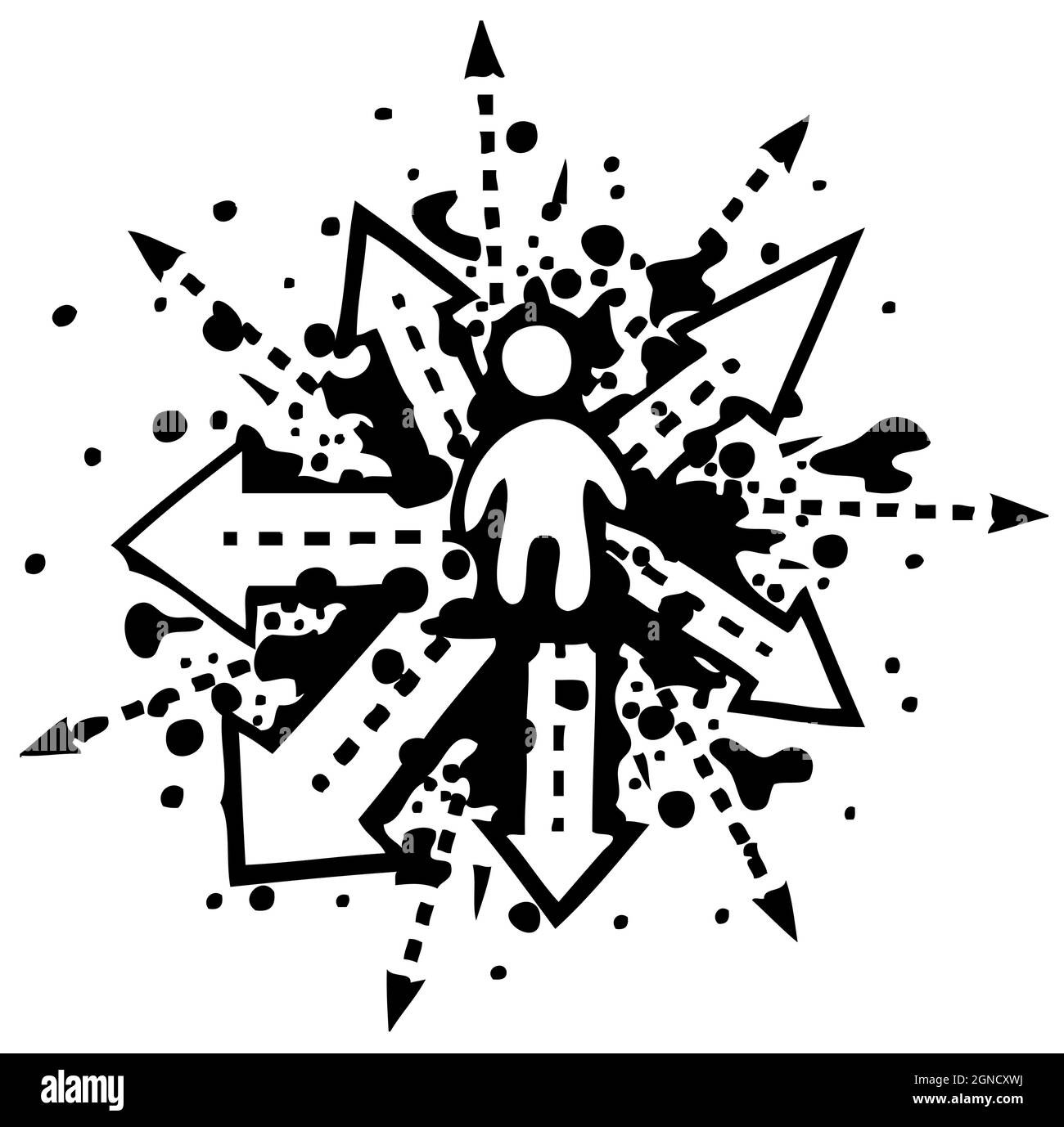 Crossroads person figure choice splatter grunge black, vector