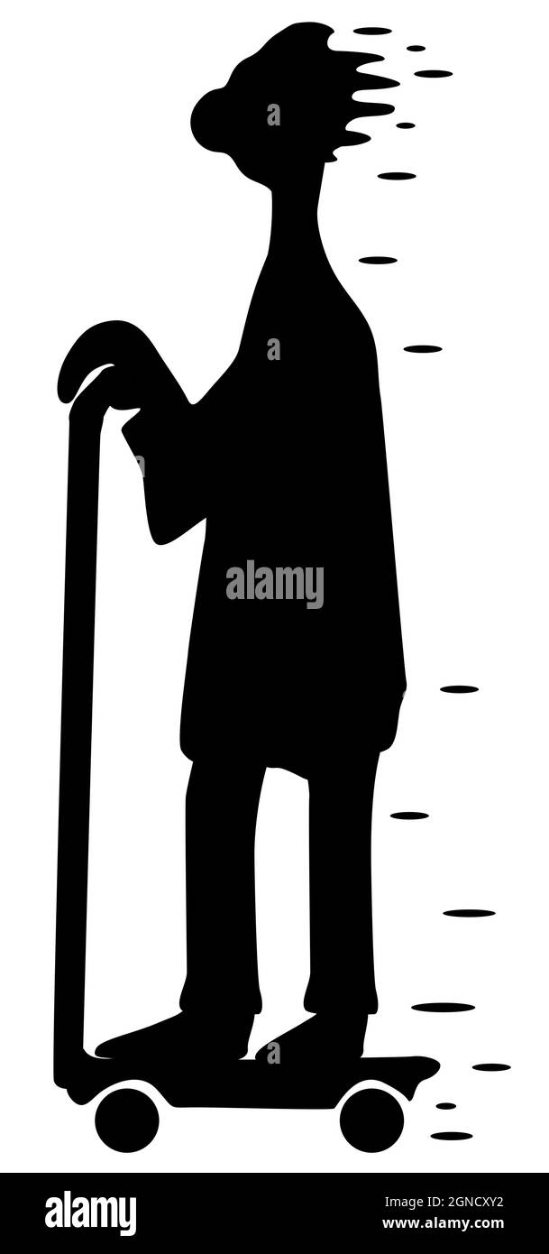 Scooter rider going fast, tall cartoon figure silhouette stencil black, vector illustration, vertical, over white, isolated Stock Vector