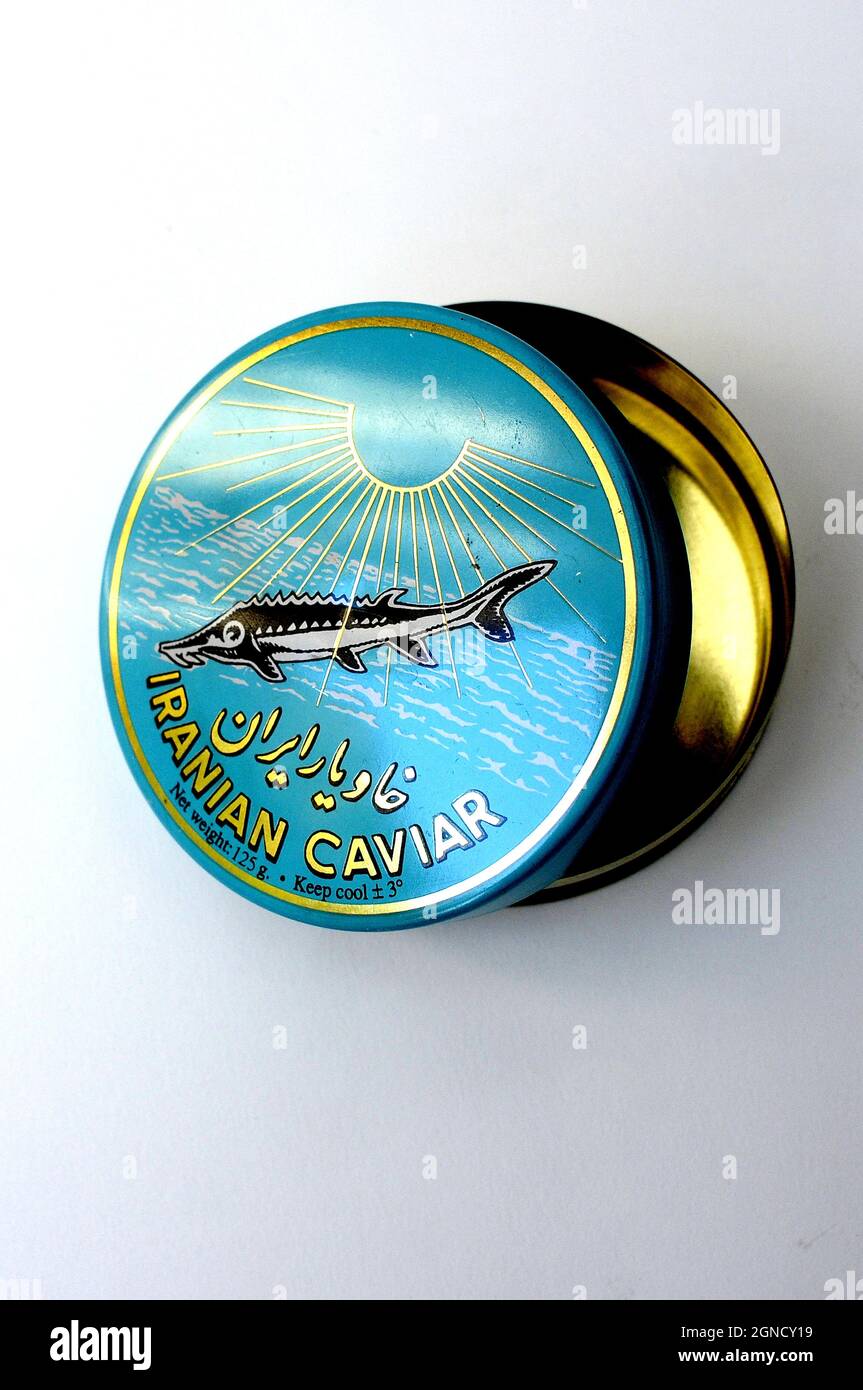 Iranian caviar, caviar can, caviar metal can, Iranian caviar metal can, caviar, tin, 125gr, delicatessen, gourmet, delicious, exquisite, sturgeon eggs Stock Photo