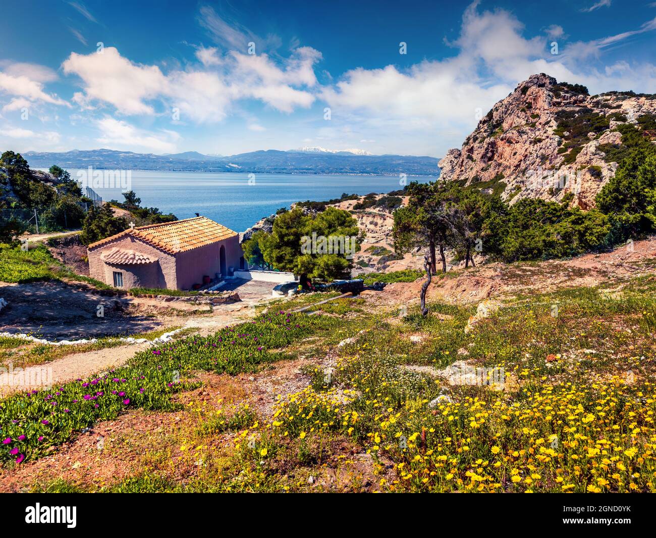 Sunny spring view of Agios Ioannis Church. Splendid morning view of West  Court of Heraion of Perachora, Limni Vouliagmenis location, Greece, Europe.  T Stock Photo - Alamy