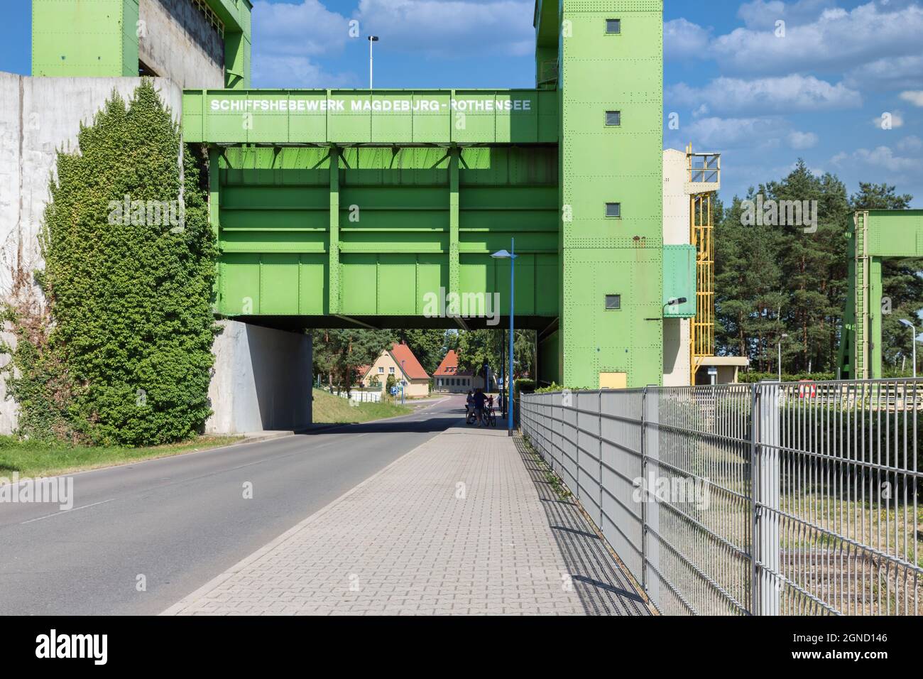 Magdeburg, Germany - Juli 20, 2013: Iron constructions of boatlift near German magdeburg wtith footpath and bannister Stock Photo