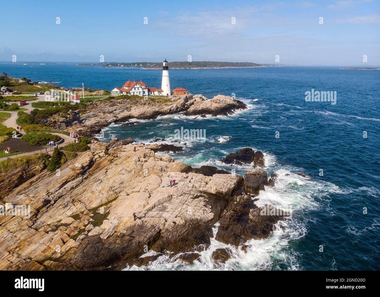 Aerial view of Portland Head Lighthouse at Fort Williams Park, Maine. Stock Photo