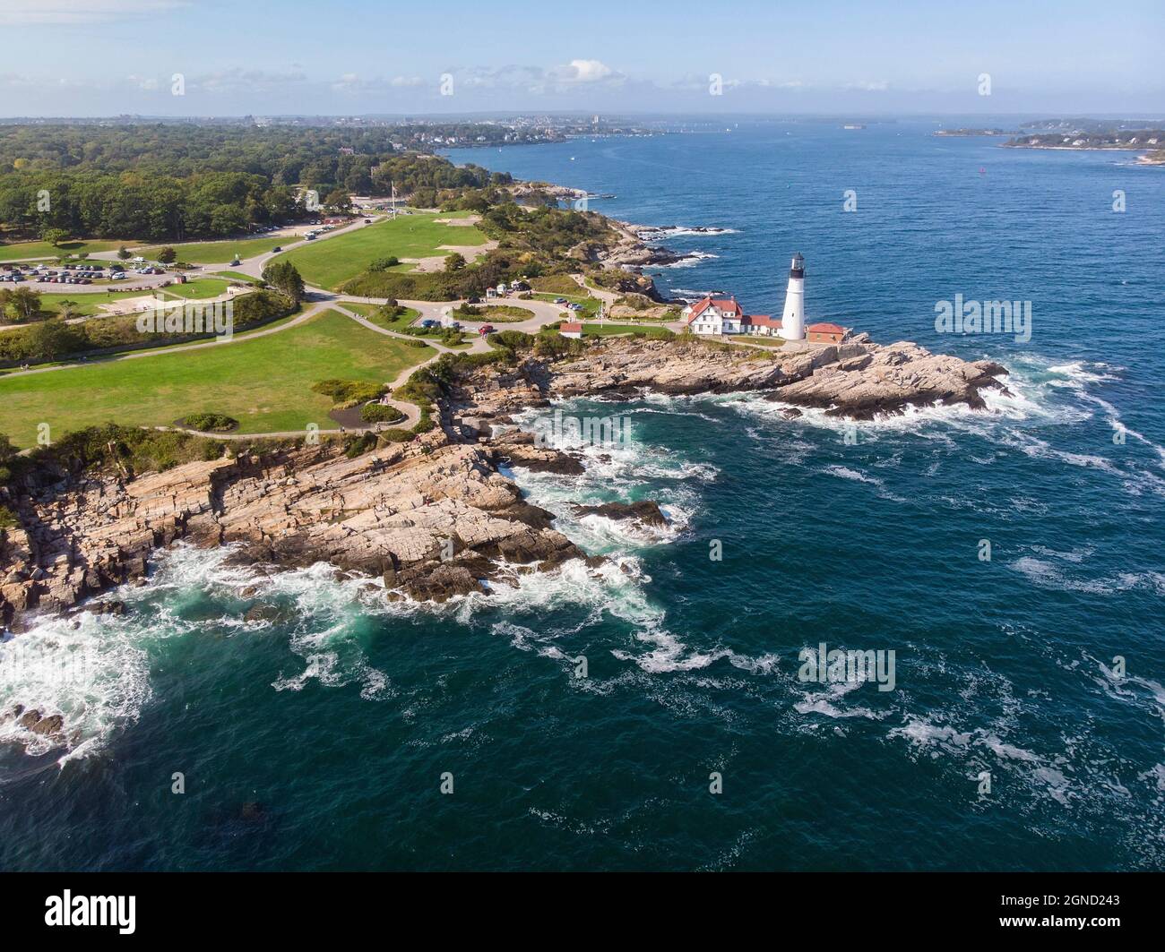 Aerial view of the Portand coast showing Fort Williams Park and the Portland Head Lighthouse. Stock Photo