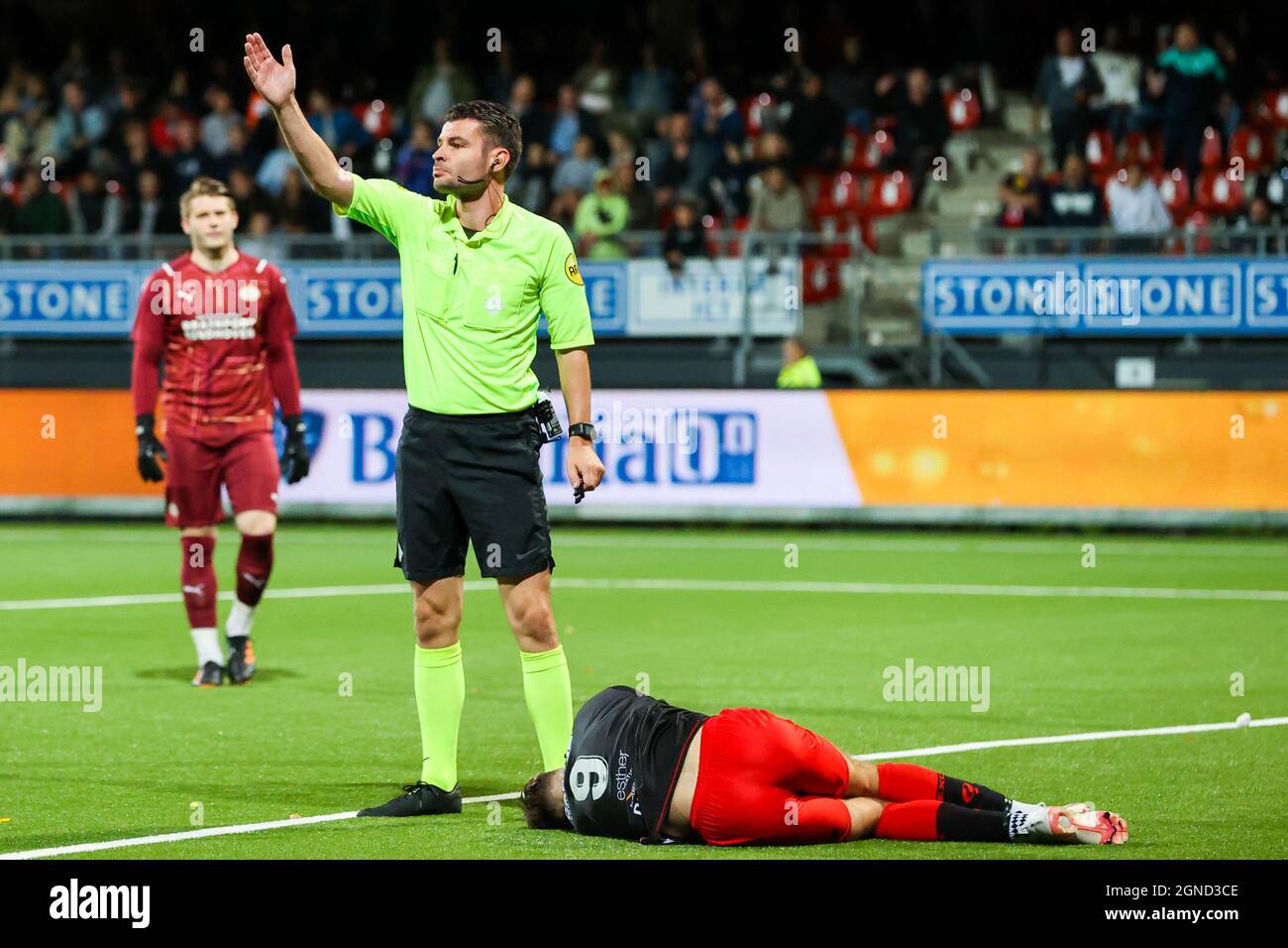 Netherlands. 24th Sep, 2021. ROTTERDAM, NETHERLANDS - SEPTEMBER 24: Referee Erwin Blank and Thijs Dallinga of Excelsior during the Dutch Keukenkampioendivisie match between Excelsior and PSV U23 at Van Donge & De Roo Stadion on September 24, 2021 in Rotterdam, Netherlands (Photo by Herman Dingler/Orange Pictures) Credit: Orange Pics BV/Alamy Live News Stock Photo