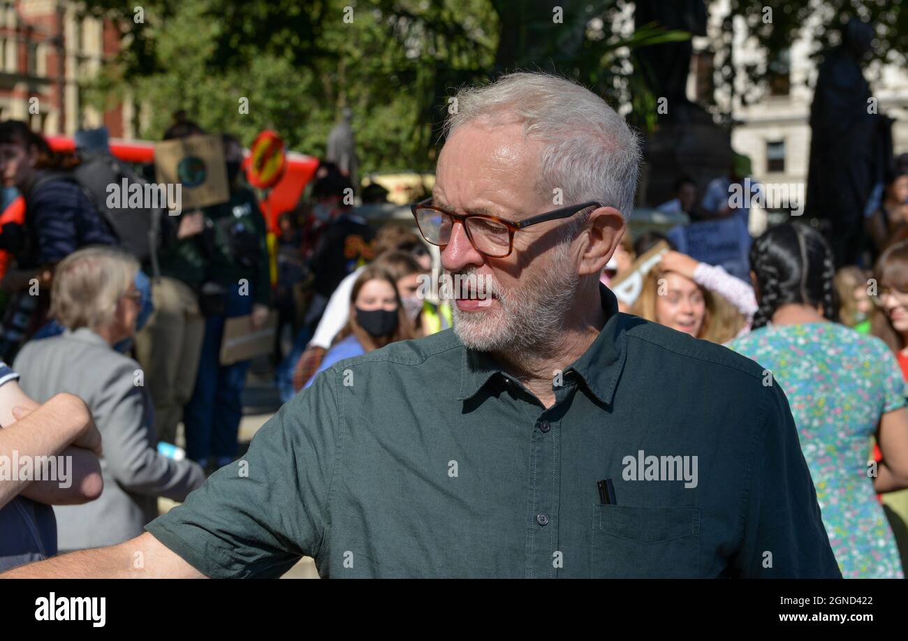 London, UK. 24th Sep, 2021. Former Labour Party leader, Jeremy Corbyn takes part during Global Climate Strike at Parliament Square, London. Credit: SOPA Images Limited/Alamy Live News Stock Photo
