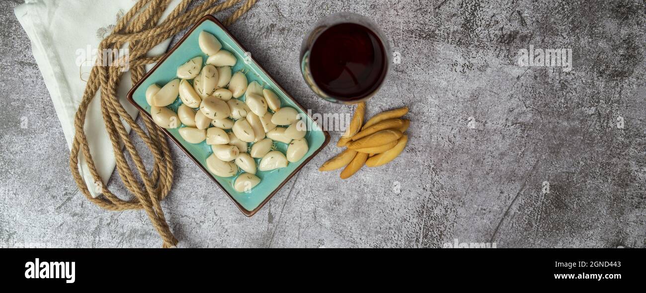 Typical Spanish appetizer tapa composed of garlic in vinaigrette with