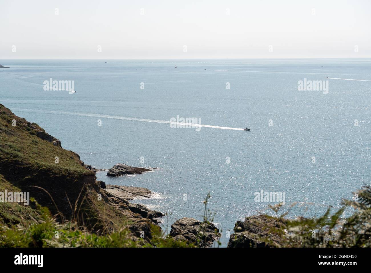 View across the English Channel from the Southwest Coastal Path, Portlemouth Down, The Bull, near Salcombe, Devon showing lots of activity at sea. Stock Photo