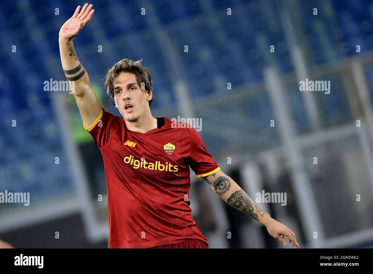 Roma, Italy. 23rd Sep, 2021. Nicolo Zaniolo of AS Roma reacts during the  Serie A football match between AS Roma and Udinese calcio at Olimpico  stadium in Rome (Italy), September 23th, 2021.