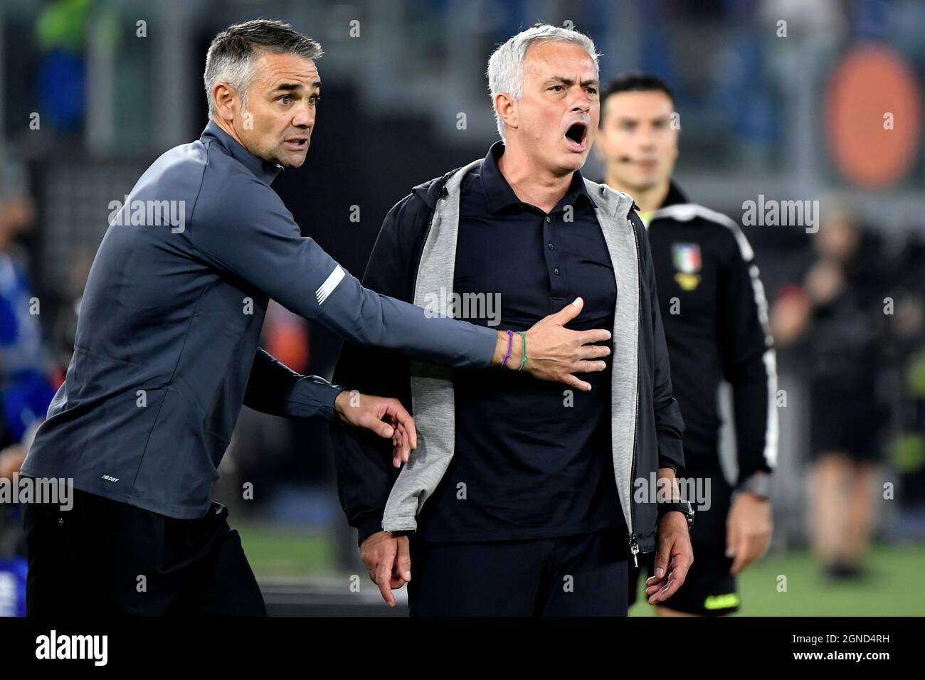 Roma, Italy. 23rd Sep, 2021. Nuno Gomes and Jose Mourinho coach of AS Roma react during the Serie A football match between AS Roma and Udinese calcio at Olimpico stadium in Rome (Italy), September 23th, 2021. Photo Andrea Staccioli/Insidefoto Credit: insidefoto srl/Alamy Live News Stock Photo