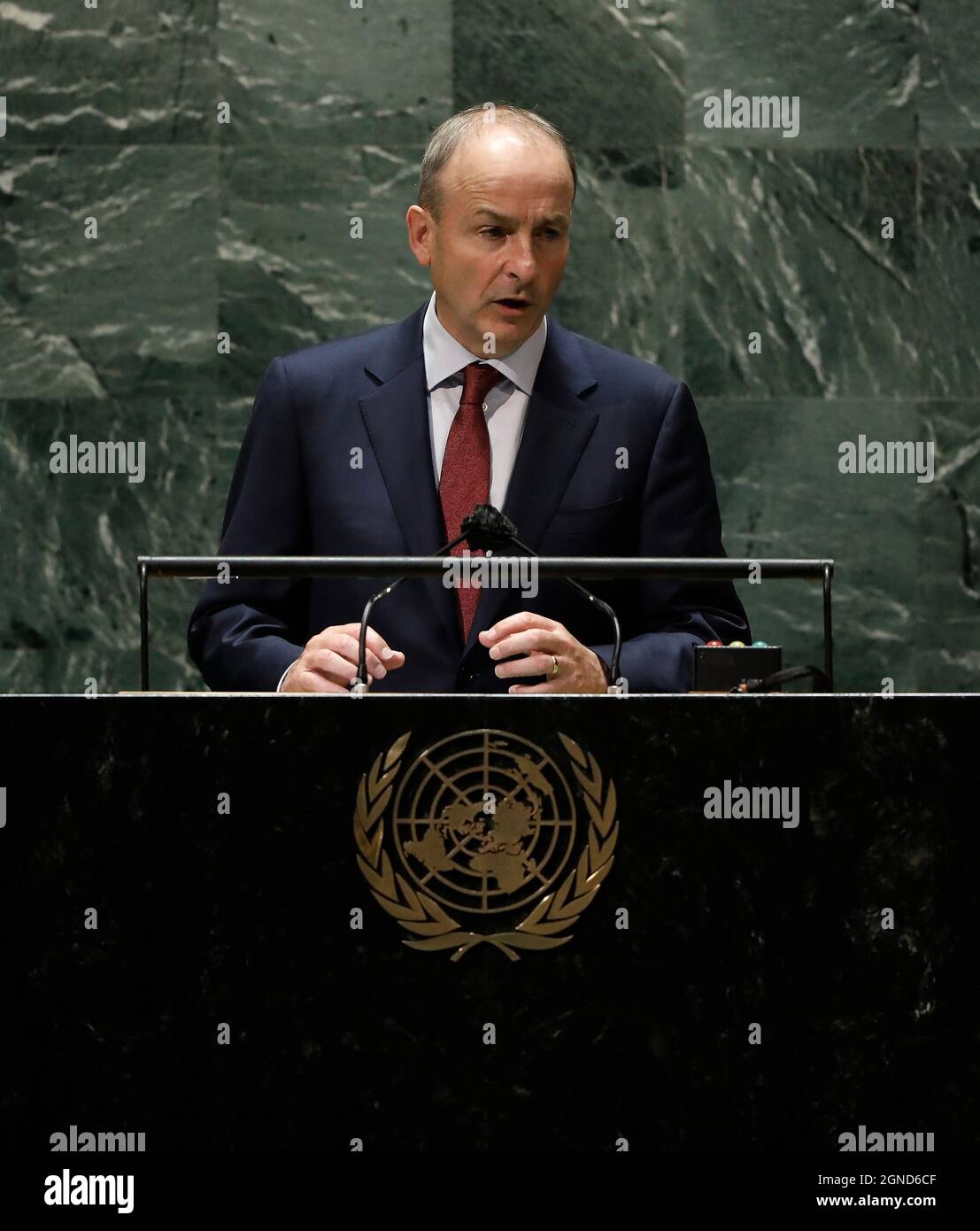 New York, USA. 24th Sep, 2021. Prime Minister of Ireland, Micheal Martin, addresses the UN General Assembly 76th session General Debate in UN General Assembly Hall at the United Nations Headquarters on Friday, September 24, 2021 in New York City. Photo by Peter Foley/UPI Credit: UPI/Alamy Live News Stock Photo