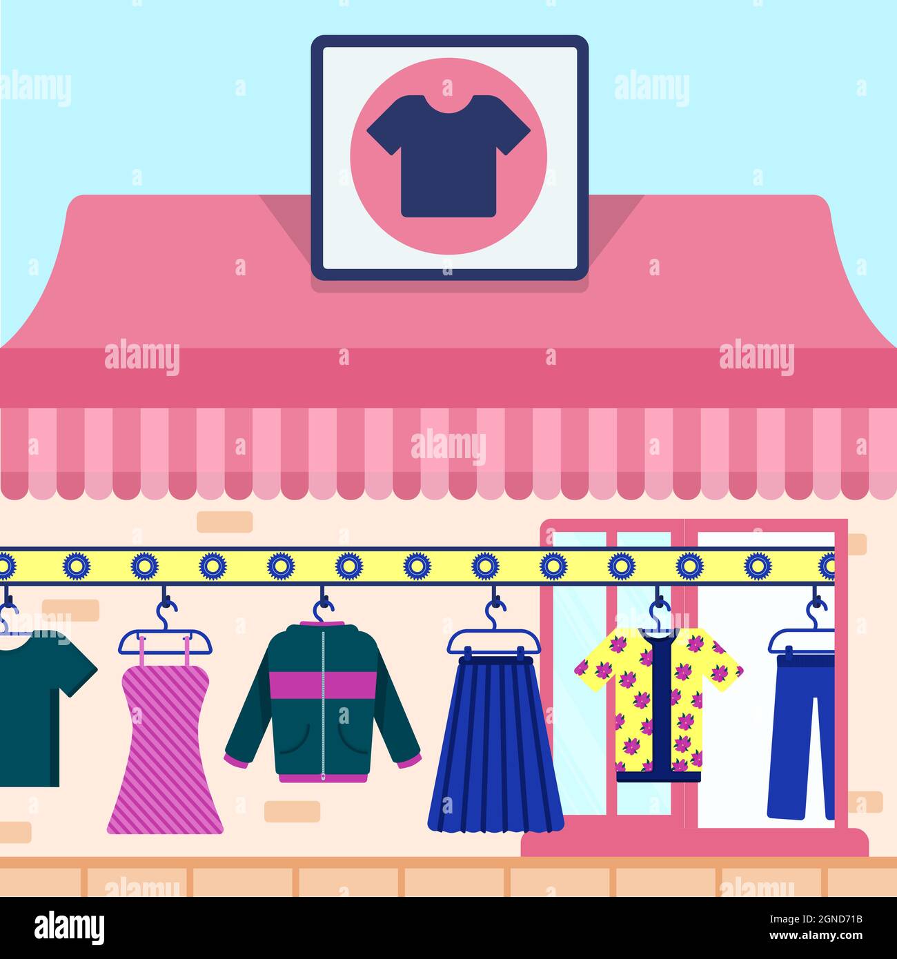 Clothes on the hanger being taken into a store by a conveyor. Stock Vector