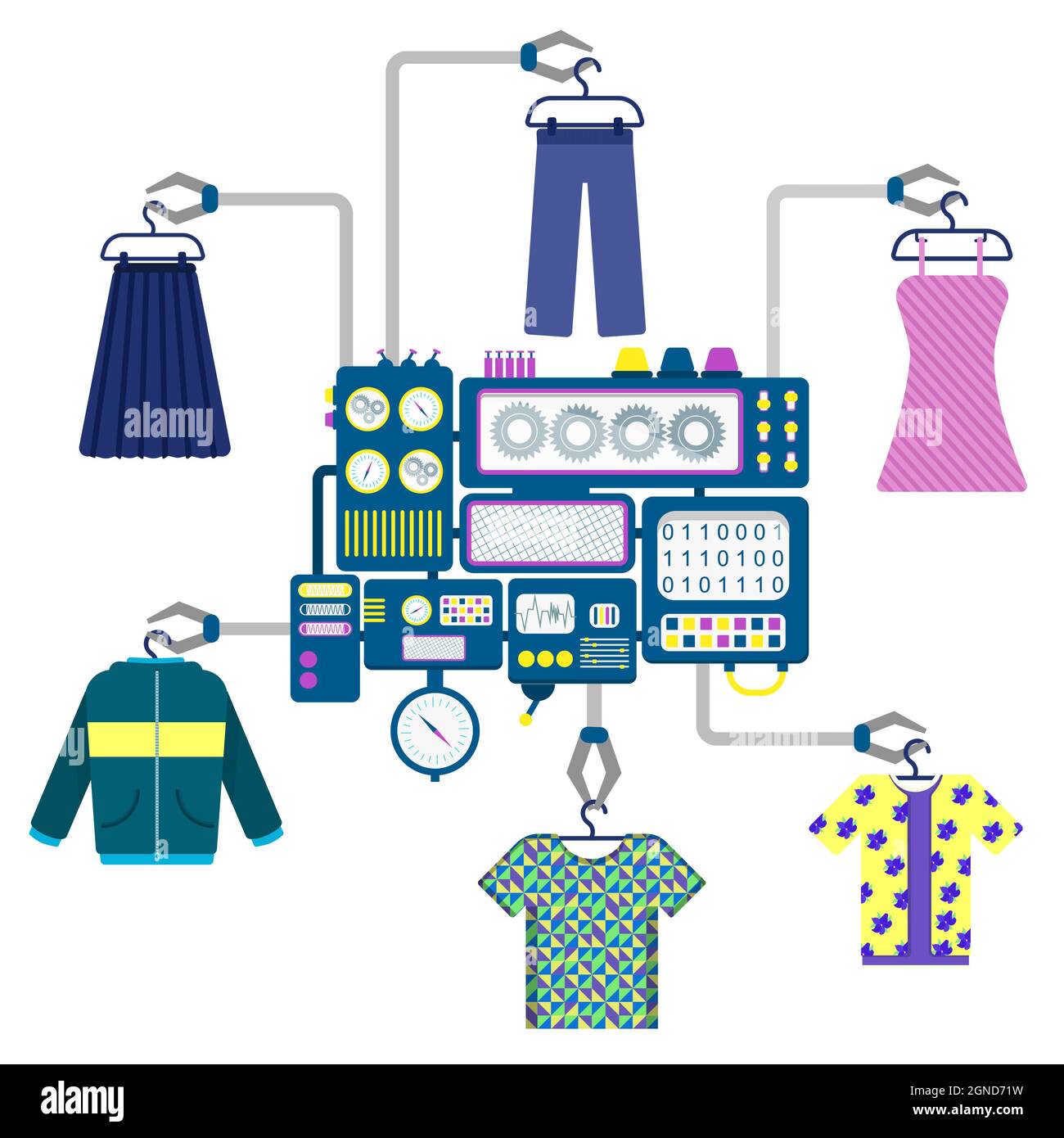 Machine with claws holding different pieces of clothing like t-shirts, shirts, dresses, skirts, jackets and pants. Stock Vector