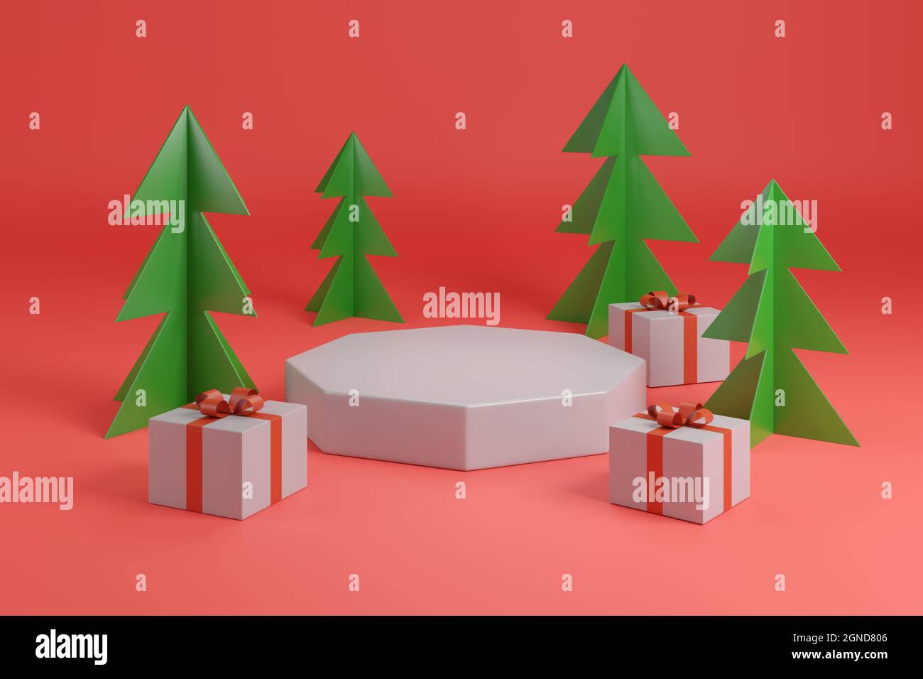 Christmas podium with trees and gifts on red background. 3d ...