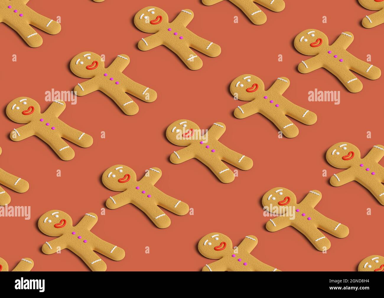Christmas background. Isometric seamless pattern of gingerbread man on green background. 3d illustration. Stock Photo