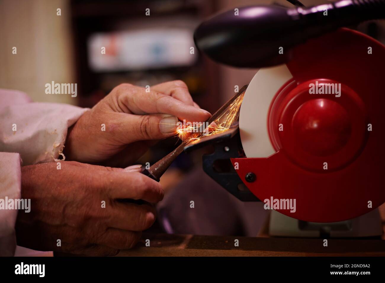 A pair of skilled mans hands sharpening a woodworking chisel on a bench grinding wheel. Stock Photo