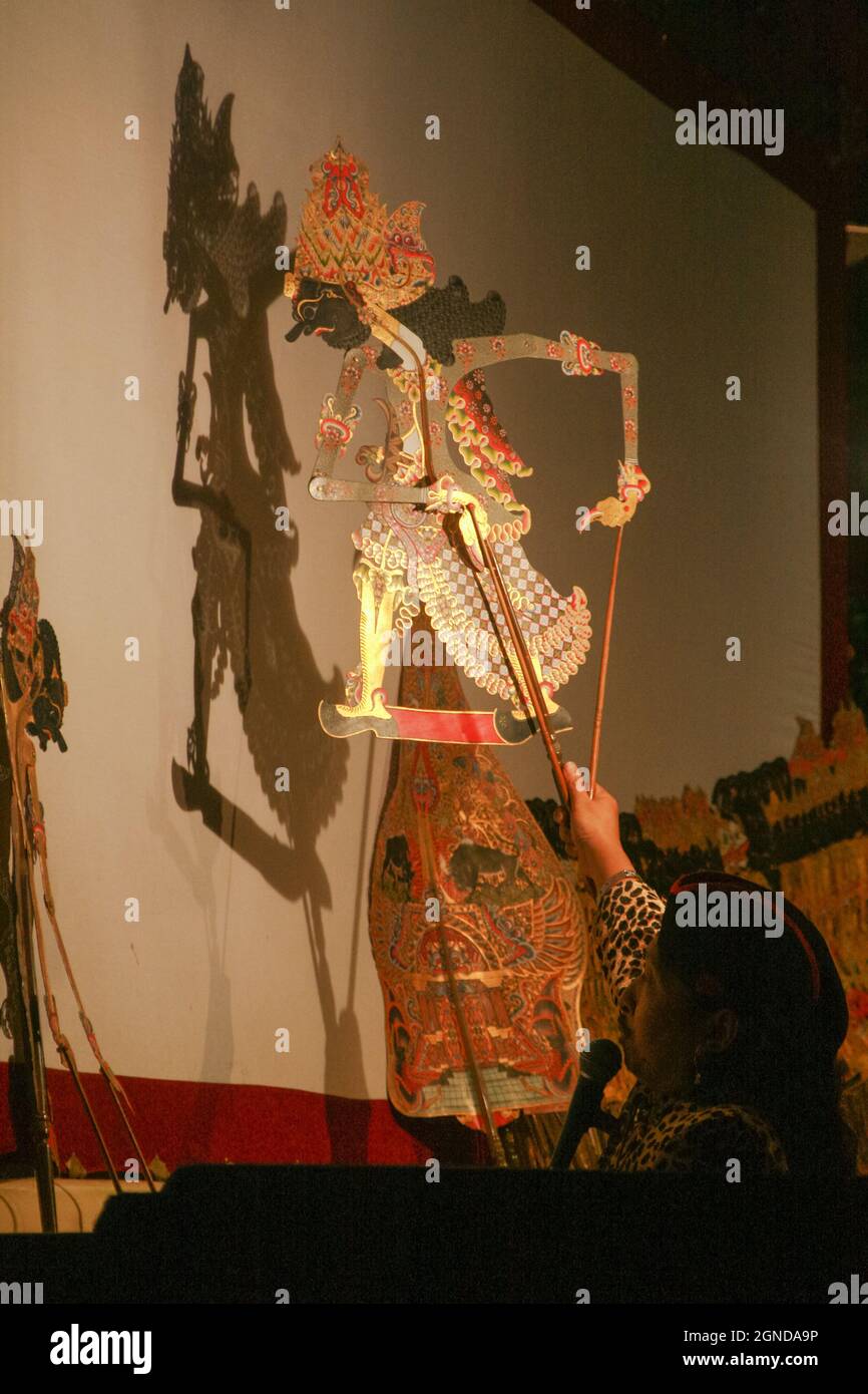 A Dalang of Javanese shadow puppet was lifting one of the puppet characters so that it casts a shadow on the white screen. Stock Photo
