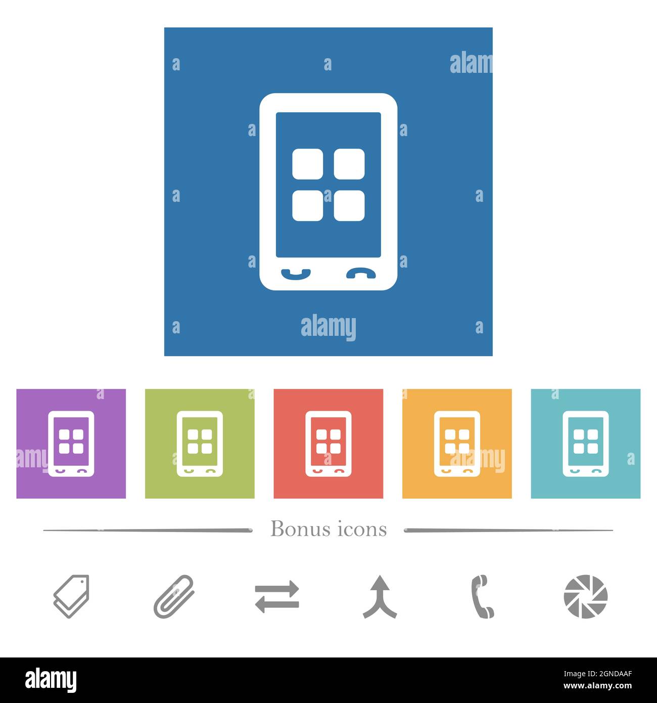 Mobile applications flat white icons in square backgrounds. 6 bonus ...