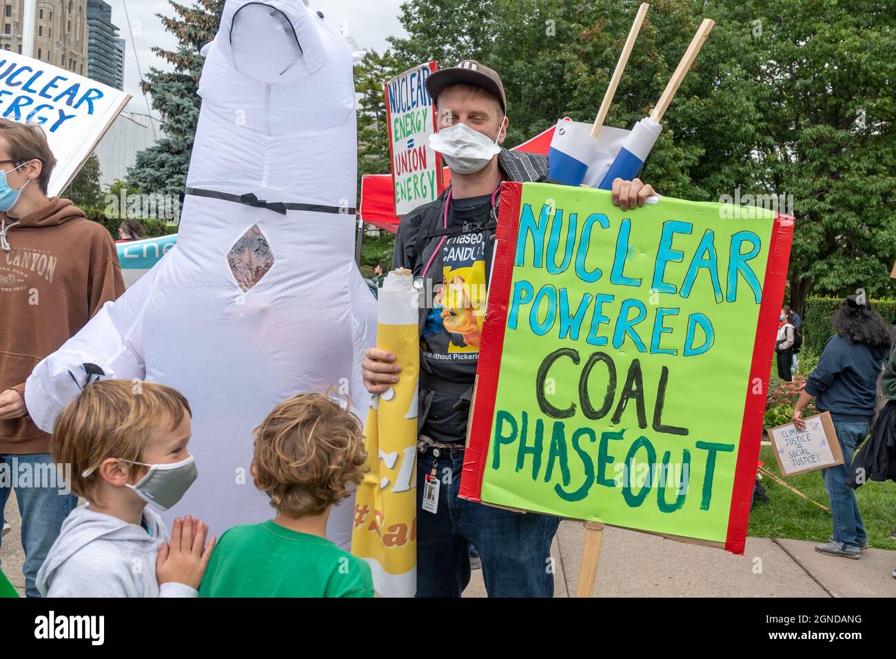 Sign defending the use of Nuclear energy during the Global Climate March organized by Fridays For Future in front of the Provincial Legislative Buildi Stock Photo