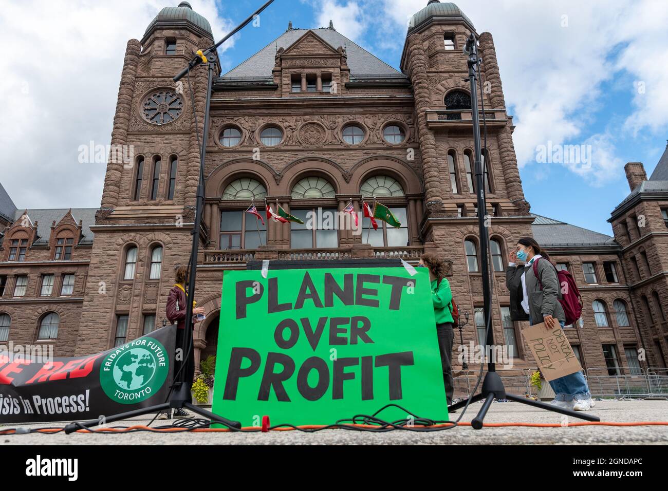Sign reading Planet Over Profit in front of the provincial government building during the Global Climate March organized by Fridays For Future  in Tor Stock Photo