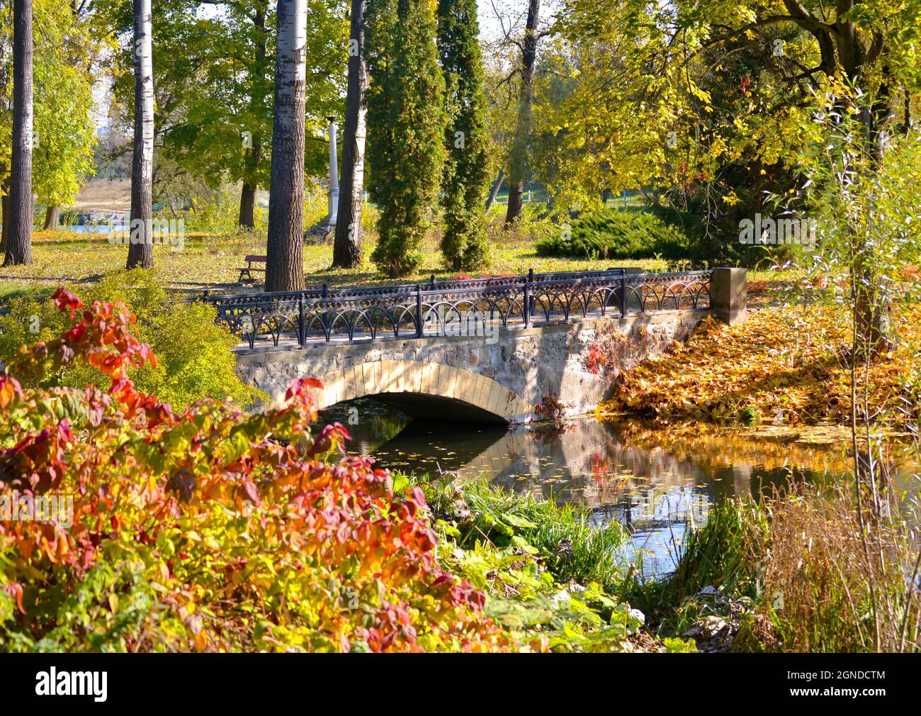 stone bridge autumn park Stock Photo