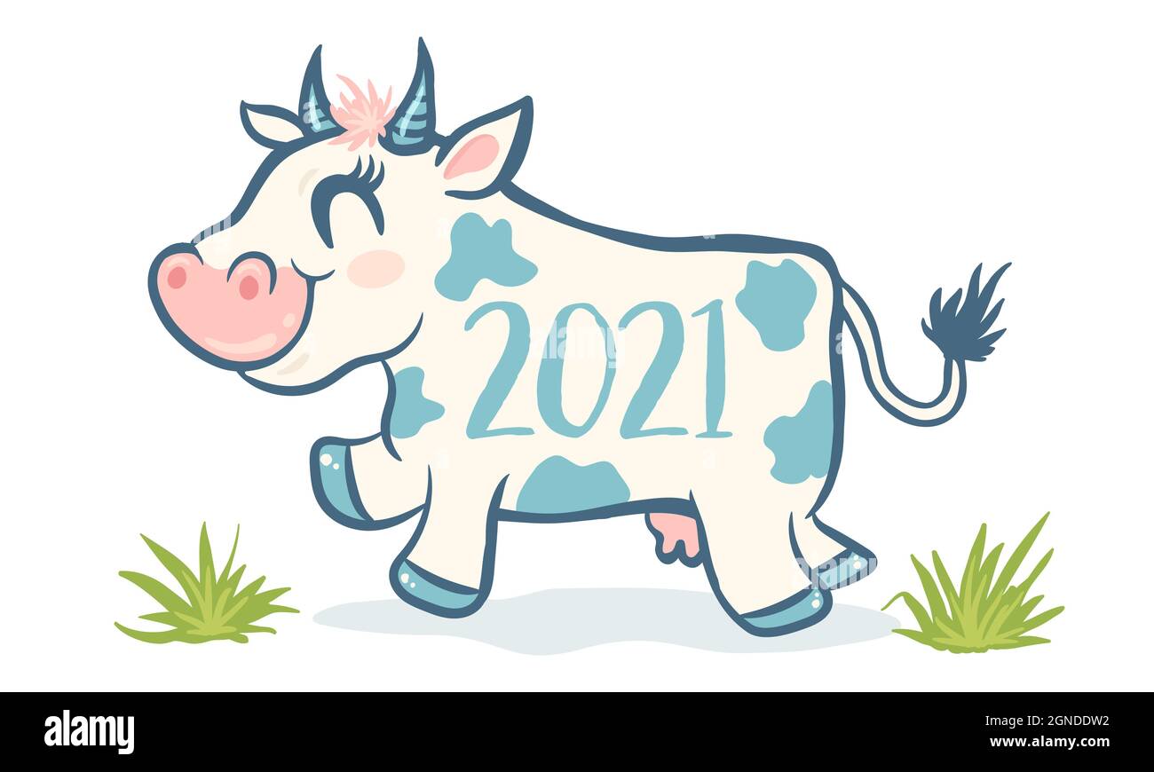Vector cute cow like symbol 2021 year in kawaii style. Vector cartoon of a cute cow and green grass. Stock Vector