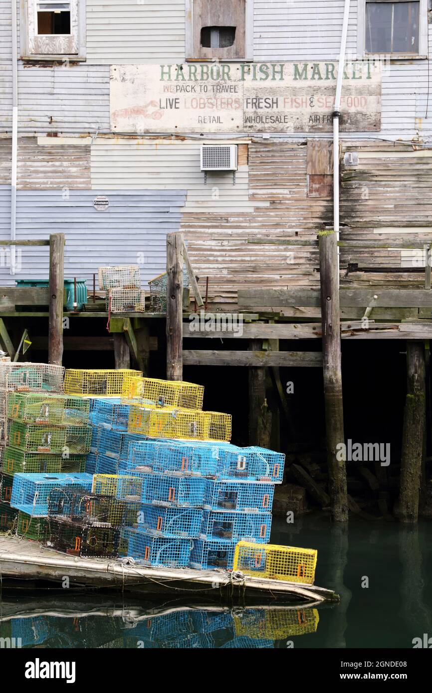 Lobster traps stacked on a wharf in Portland, Maine, USA Stock Photo