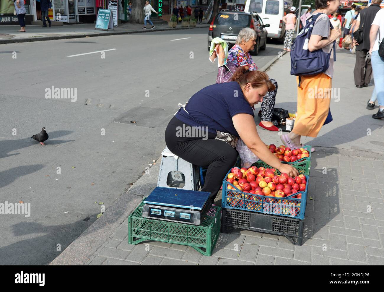 Women selling seasonal fruit on the streets of Chisinau Stock Photo