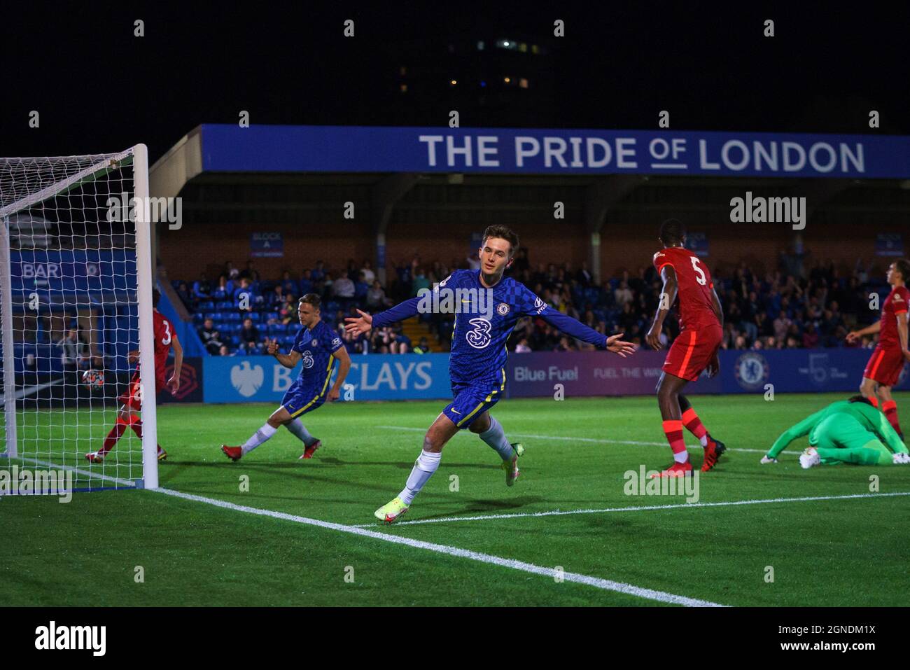 Kingston, UK. 24th Sep, 2021. Joe Haigh of Chelsea U23 celebrates scoring his teams 3rd goal