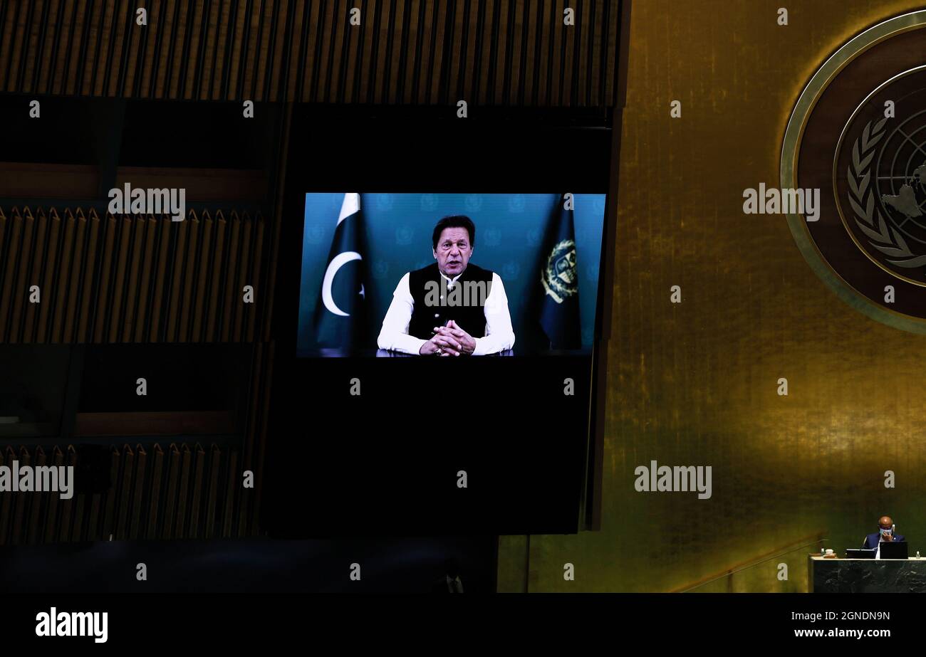 New York, USA. 24th Sep, 2021. Prime Minister, from the Islamic Republic of Pakistan, Imran Khan addresses, via prerecorded video, the General Debate of the 76th Session of the United Nations General Assembly at UN Headquarters in New York, New York on Friday, September 24, 2021. Pool photo by Peter Fol;ey/UPI Credit: UPI/Alamy Live News Stock Photo