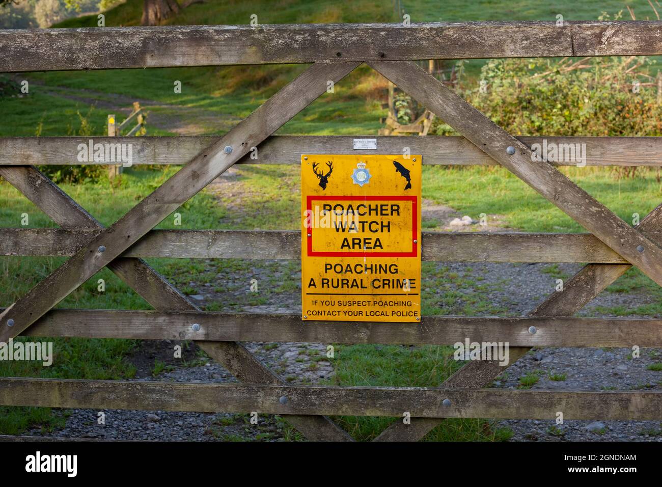Poacher Watch Area sign in the British countryside.The sign is on a wooden gate. Stock Photo
