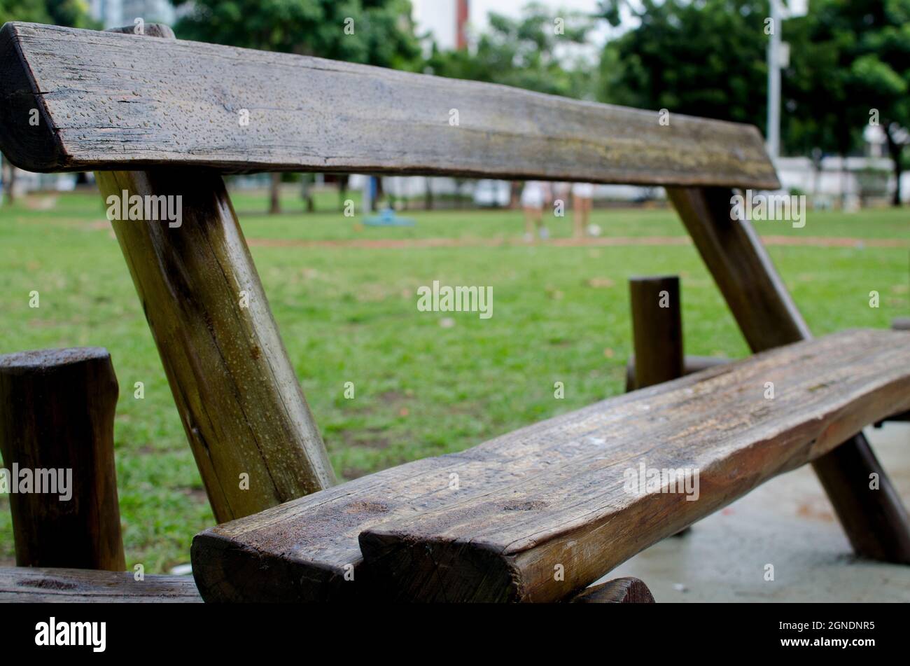 Wooden bench in the square for pedestrians to enter. Salvador, Bahia, Brazil. Stock Photo