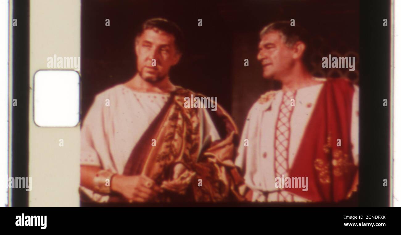 A still frame from a section of Super 8 film showing Frank Thring acting as Pontius Pilate and Jack Hawkins as Quintus Arrius in the 1959 MGM film Ben Hur. Stock Photo