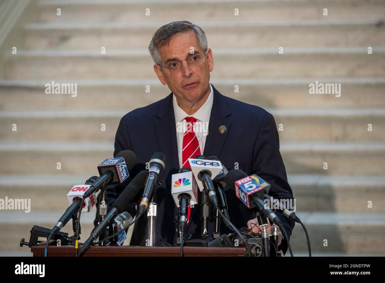 Atlanta, USA. 02nd Dec, 2020. Georgia Secretary of State Brad Raffensperger makes remarks during a news conference at the Georgia State Capitol building in Atlanta, Wednesday, Dec. 2, 2020. Former President Donald Trump has sent a letter to Raffensperger again criticizing the Georgia vote count and calling President Joe Biden an illegitimate president. (Photo by Alyssa Pointer/Atlanta Journal-Constitution/TNS/Sipa USA) Credit: Sipa USA/Alamy Live News Stock Photo