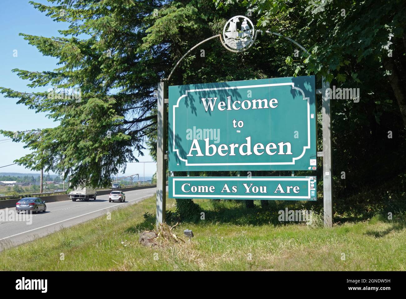 Aberdeen, WA / USA - June 21, 2021: A sign quoting Nirvana's 'Come As You Are' welcomes visitors to this city, near Washington state's west coast. Stock Photo