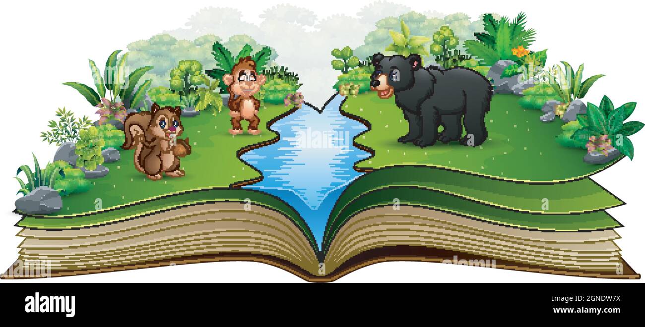 Open book with the animal cartoon playing in the river Stock Vector