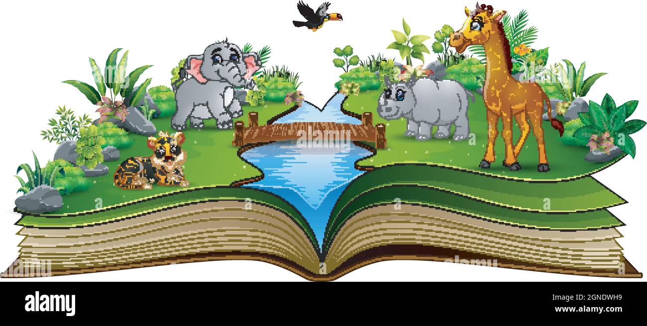 Open book with the animal cartoon playing in the river Stock Vector