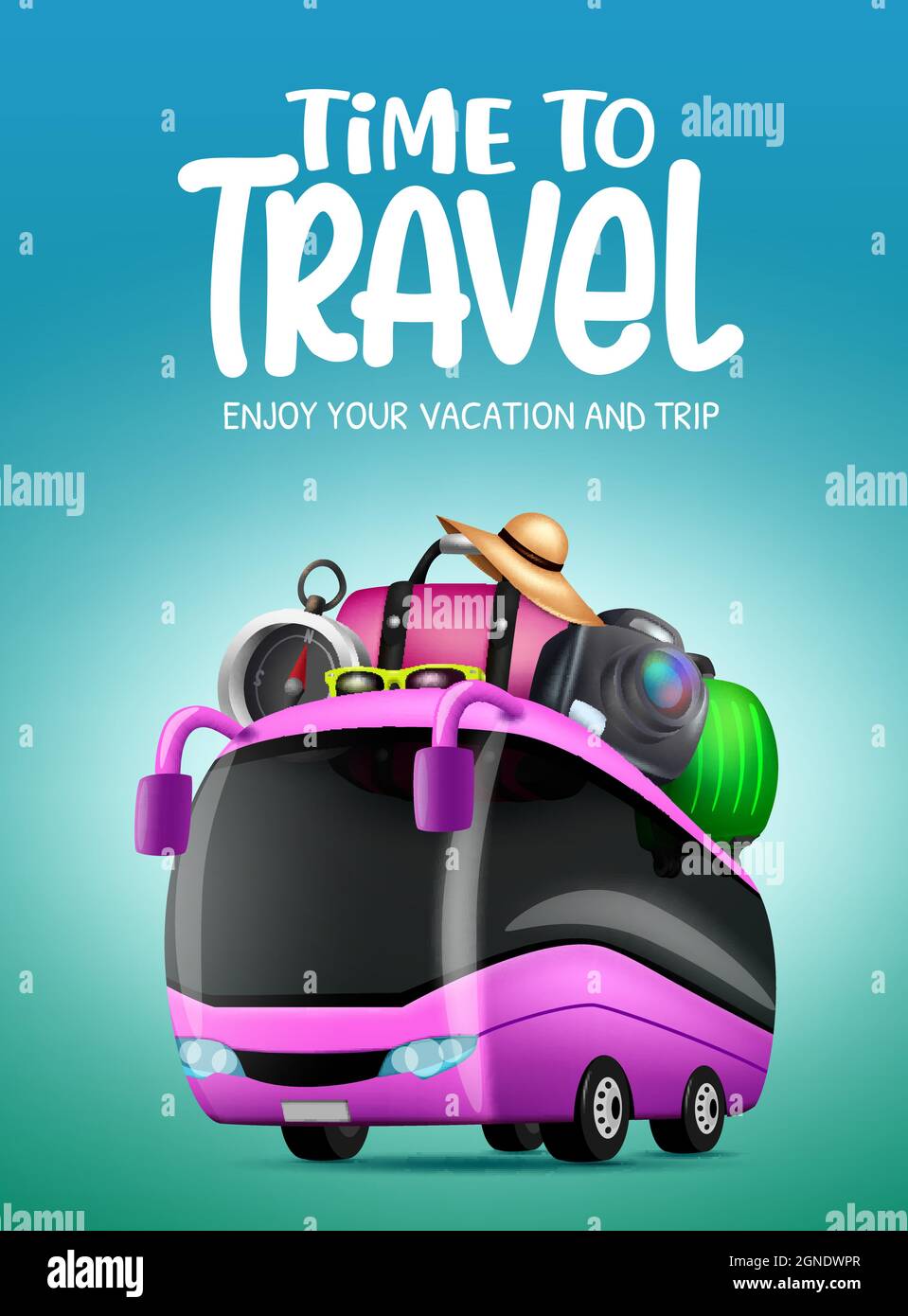 Travel time vector design. Time to travel text with bus transportation  vehicle, luggage bag and compass tour elements for fun and enjoy vacation  trip Stock Vector Image & Art - Alamy