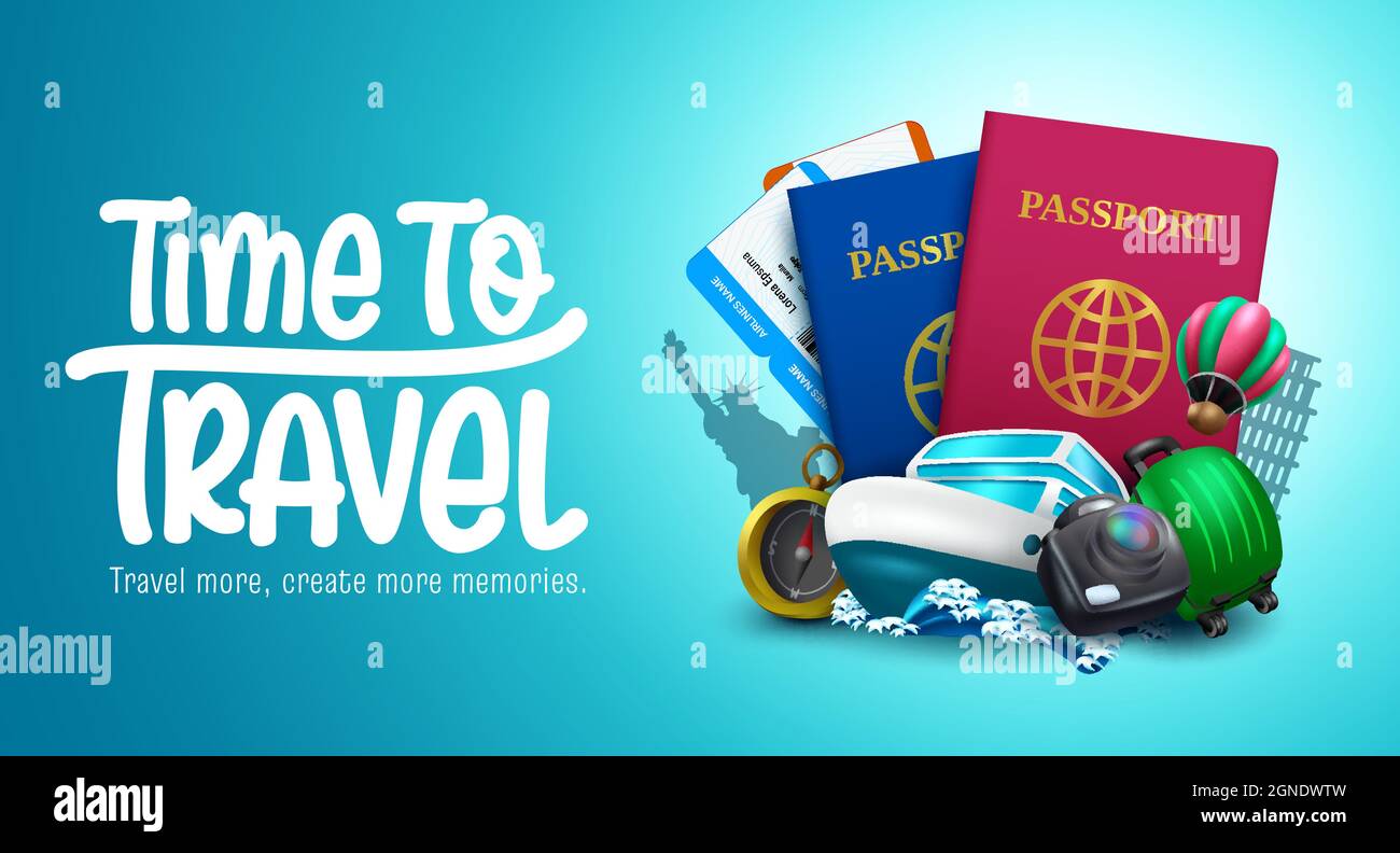Travel vector background design. Time to travel text with passport, sailing boat and travelling elements for sea adventure and tourist destination. Stock Vector