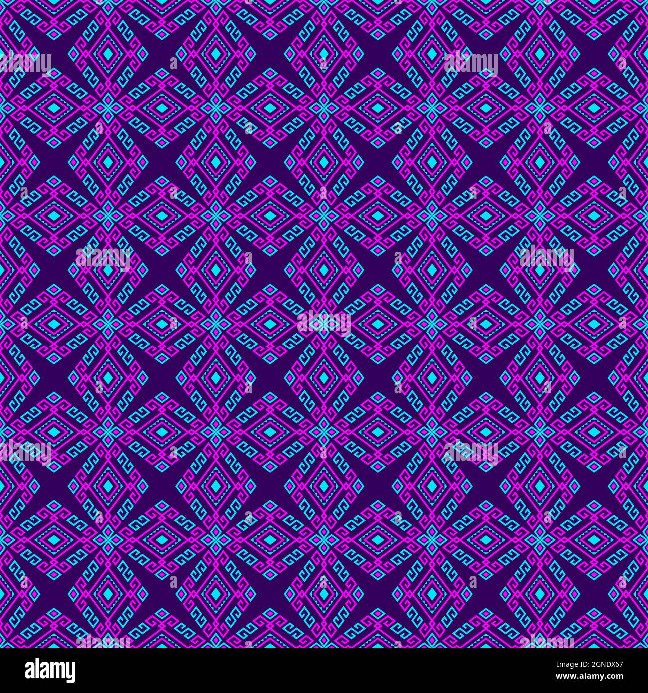 Magenta Turquoise Tribal or Native Seamless Pattern on Purple
