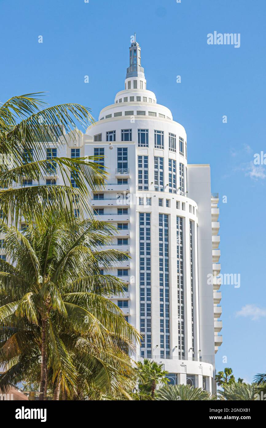 Miami Beach Florida,Loew's hotel tower resort palm trees,tree,Art Deco style stepped turret minority owned outside exterior Stock Photo