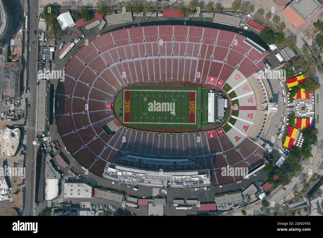 An aerial view of the Los Angeles Memorial Coliseum, Friday, Sept. 24, 2021, in Los Angeles. Stock Photo