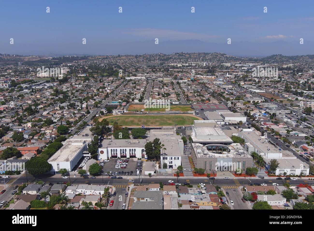 An aerial view of Garfield High School, Friday, Sept. 17, 2021, in Los