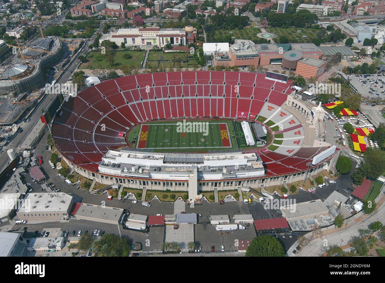An aerial view of the Los Angeles Memorial Coliseum, Friday, Sept. 24, 2021, in Los Angeles. Stock Photo
