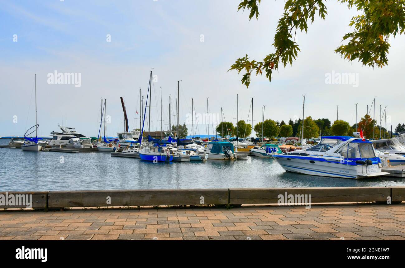 Various boats are moored at Marina Park, on Lake Superior, in Thunder Bay, Ontario, Canada, on a hot summers day. Stock Photo