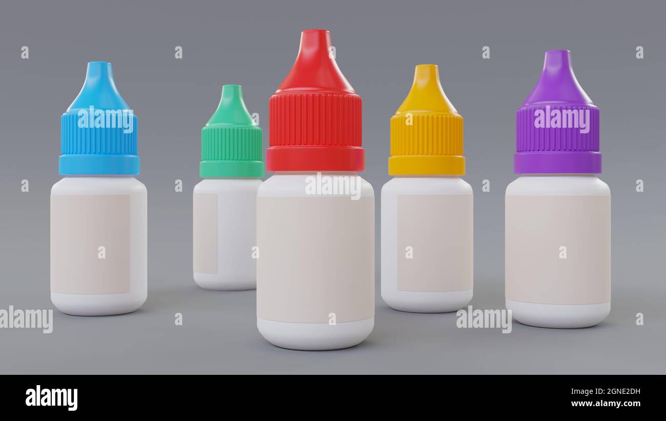 Empty plastic medicine containers with blank label. Colorful plastic tiny bottles. 3D rendering illustration. Stock Photo